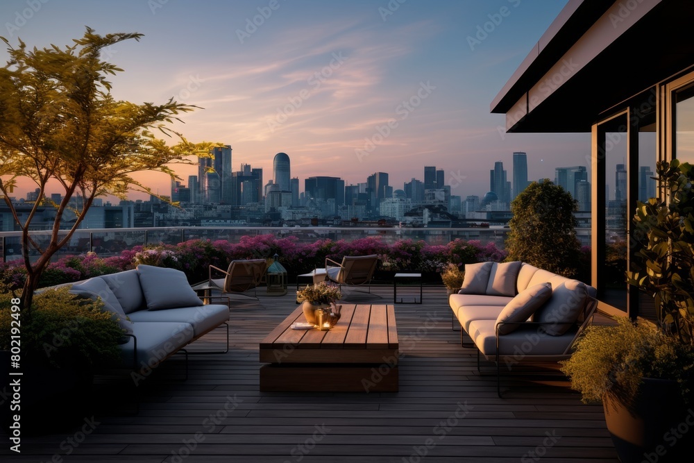 A Serene Rooftop Terrace Overlooking the City, Adorned with Lush Greenery and Comfortable Seating, Illuminated by Soft Evening Light