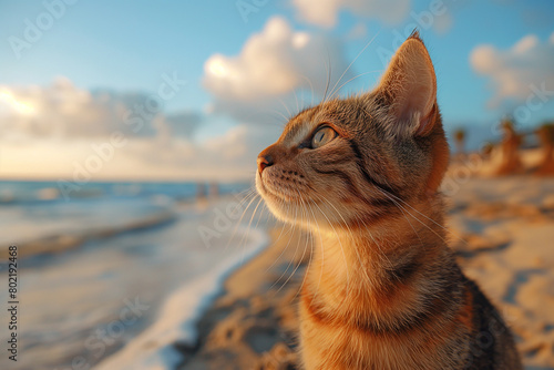 A tabby cat looking at the beach relaxing