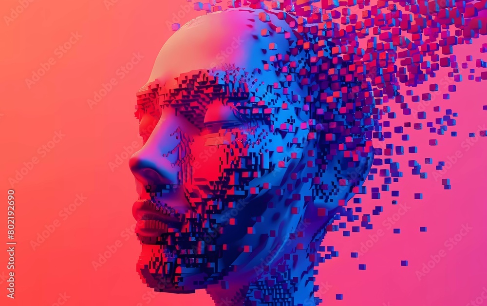 Abstract digital human head constructing from cubes. Minimalistic design for business presentations, flyers or posters. Technology and robotics concept. Voxel art. 3D vector illustration. Abstract digital human head constructing from cubes. Minimalistic design for business presentations, flyers or posters. Technology and robotics concept. Voxel art. 3D vector illustration.