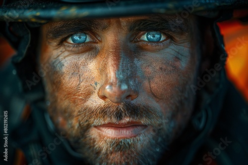 Close-up portrait of a man with a beard in a helmet