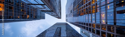 Dynamic view of skyscrapers with reflective glass facades under a clear blue sky capturing urban architecture's grandeur