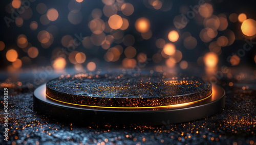 A round podium with glitter and bokeh lights, perfect for showcasing products or featuring awardwinning designs in the style of commercial photography Created with Ai photo