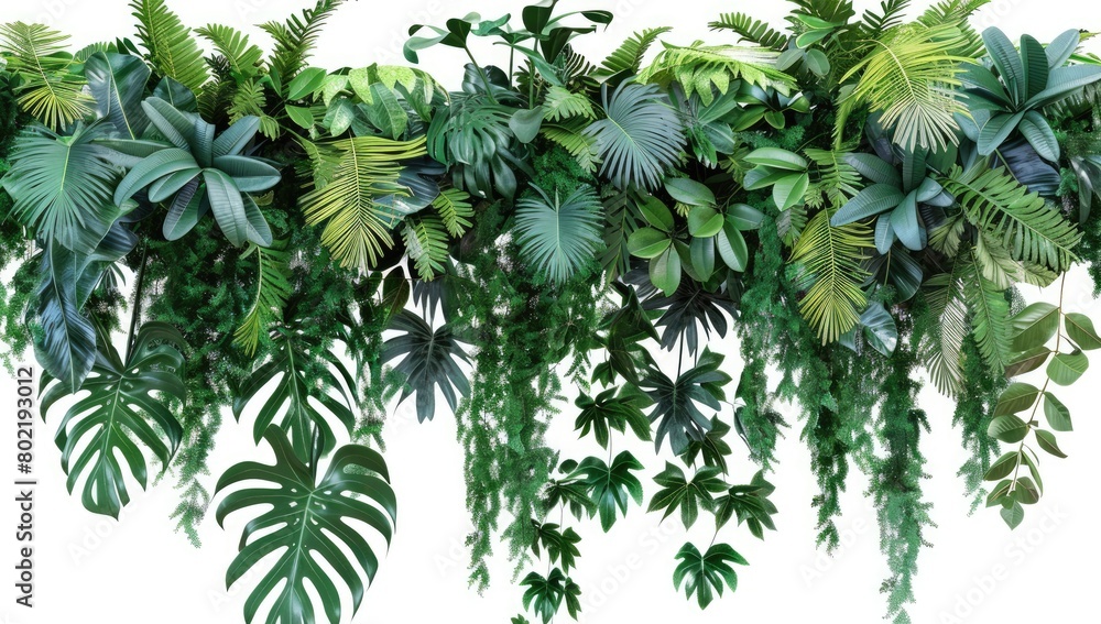 Assorted tropical plants showcased on a white background