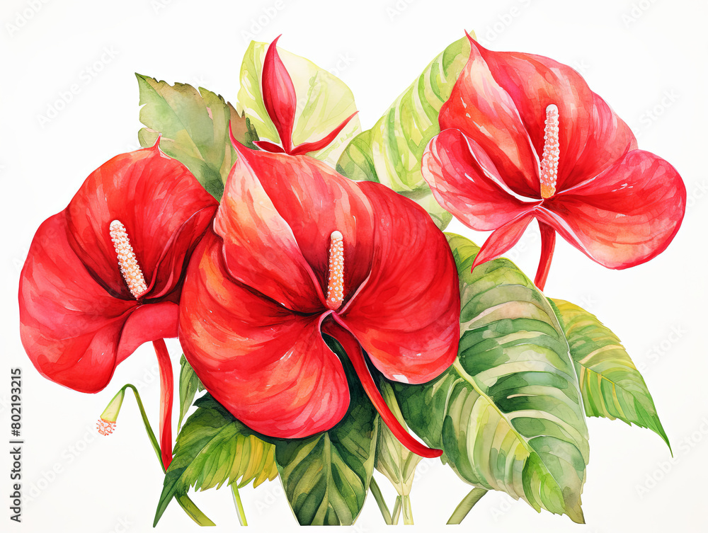 Watercolor painting of Three red flowers with green leaves Watercolor painting of Three red flowers with green leaves