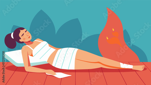 A woman lying down in an infrared sauna her incision site covered with gauze using the gentle heat to soothe the pain and reduce inflammation after.
