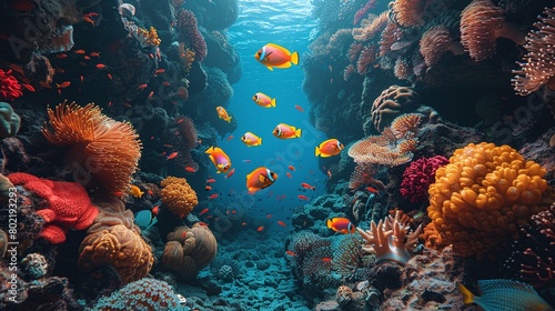 Bustling Coral Reef Ecosystem with Sunlight Filtering Through Water
