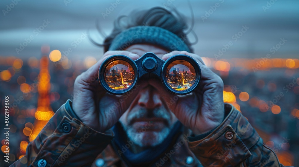 Hands holding binoculars on city background
