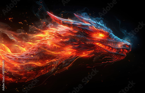 A Chinese dragon with orange and red colors, dissolving into the background in a digital art style. Created with Ai