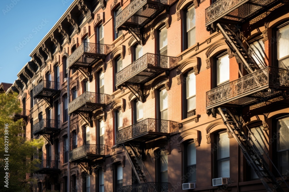 Vintage Brownstone Apartments with Ornate Iron Balconies in a Historic Neighborhood During a Sunny Day