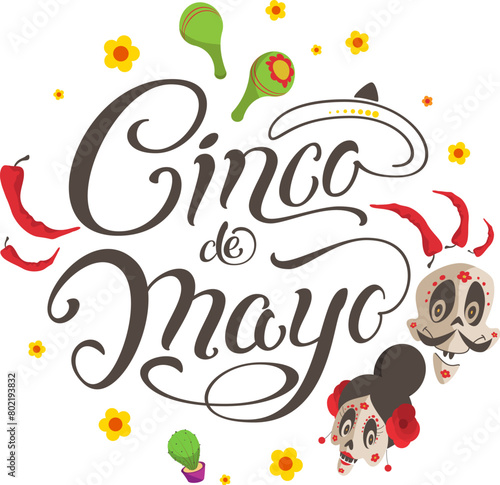 ДляGreeting card with text Cinco de Mayo skull woman man maracas pepper cactus Mexican holiday. Vector illustration isolated on white Интернета