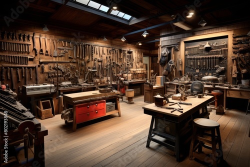 A bustling tool shop for DIY enthusiasts filled with rows of neatly arranged tools  from hammers to drills  amidst a rustic architectural setting