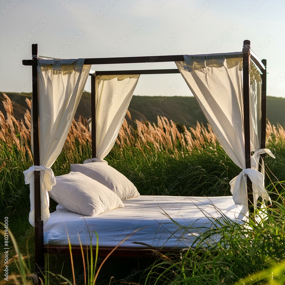 Four poster bed with white linens in the middle of a field of tall grass Four poster bed with white linens in the middle of a field of tall grass