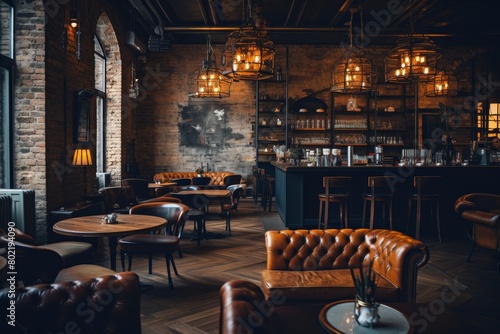 Vintage Coffee Shop with Exposed Red Brick Walls, Wooden Tables, Leather Sofas, and a Cozy Atmosphere Illuminated by Warm Lighting photo