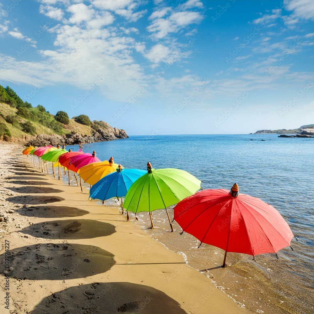 Brightly colored beach umbrellas set up along the sandy shore