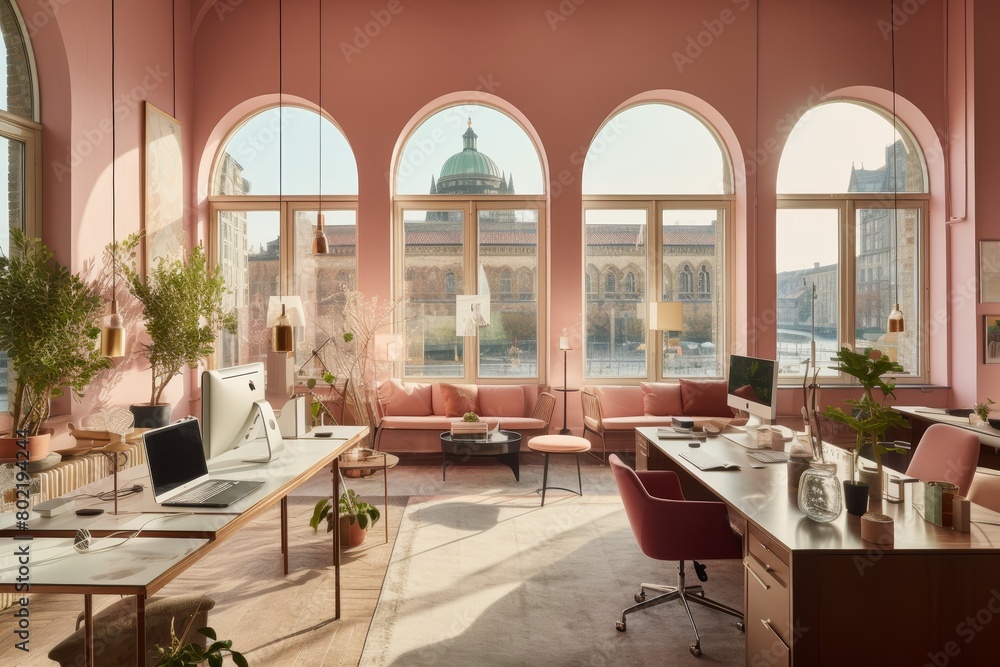 A Dusty Pink Administration Room with Vintage Wooden Furniture, Framed Certificates on the Wall, and a Large Window Overlooking the City