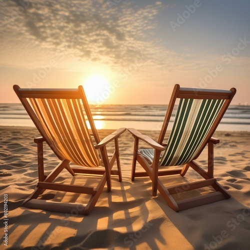 Empty sling beach chairs on an empty tropical beach during golden hour