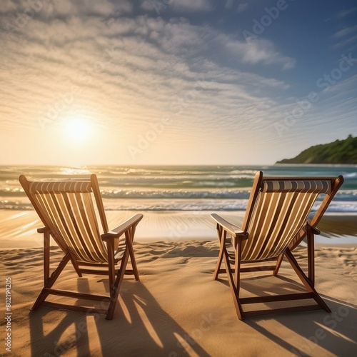 Empty sling beach chairs on an empty tropical beach during golden hour