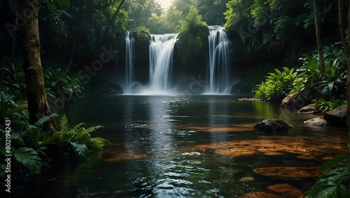 Romantic Getaway  Couple Embracing in Lush Tropical Paradise with Cascading Waterfalls and Exotic Wildlife - Vibrant Nature Photography