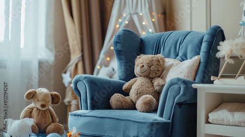 Inviting child's room close-up, highlighting a plush blue armchair, adorable stuffed animals, and elegant home accessories against a beige wall
