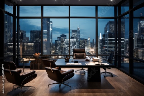 A Modern Charcoal Black Office Space with Sleek Furniture, High-Tech Equipment, and a Stunning Cityscape View Through the Floor-to-Ceiling Windows