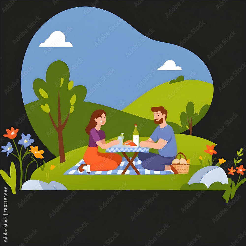Romantic Picnic in Paradise: Couple Enjoying Colorful Meadow with Wildflowers and Blue Sky - Stock Photo Concept Romantic Picnic in Paradise: Couple Enjoying Colorful Meadow with Wildflowers and Blue Sky - Stock Photo Concept