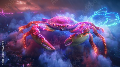 3d crab with neon light.