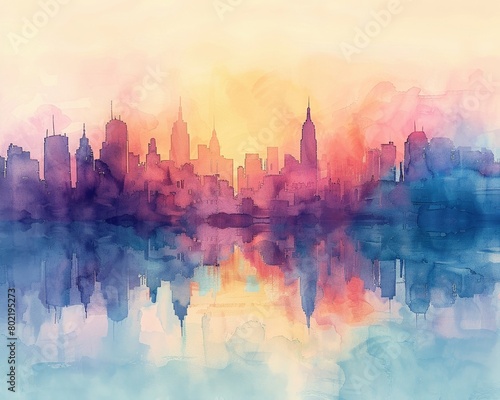 A watercolor city skyline at sunrise, with soft, colorful hues and silhouetted architectural elements in the background