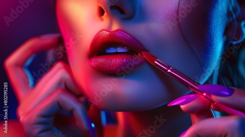 Woman model applied red lipstick in in high pigmentation image tones