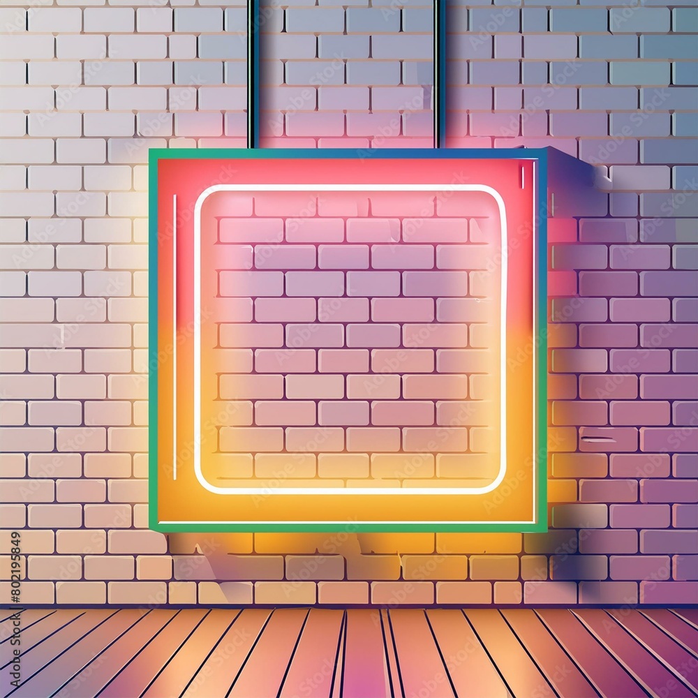 wall with frame.a neon sign in the shape of a colorful square frame, set against various backgrounds such as brick walls, urban streets, or minimalist interiors. The mockups should demonstrate how the wall with frame.a neon sign in the shape of a colorful square frame, set against various backgrounds such as brick walls, urban streets, or minimalist interiors. The mockups should demonstrate how the