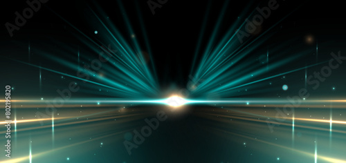 Abstract futuristic glowing green and gold light effect on black background. © Pramote