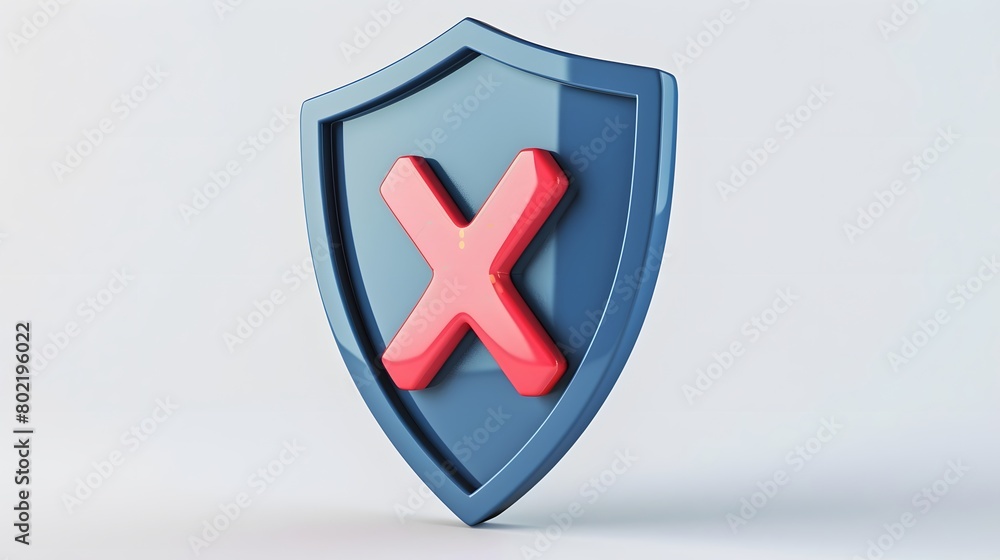 cartoon 3d Icon safety shield x mark perspective . Blue symbol security safety icon. Red X mark in minimalistic style. 3d vector illustration. white background cartoon 3d Icon safety shield x mark perspective . Blue symbol security safety icon. Red X mark in minimalistic style. 3d vector illustration. white background