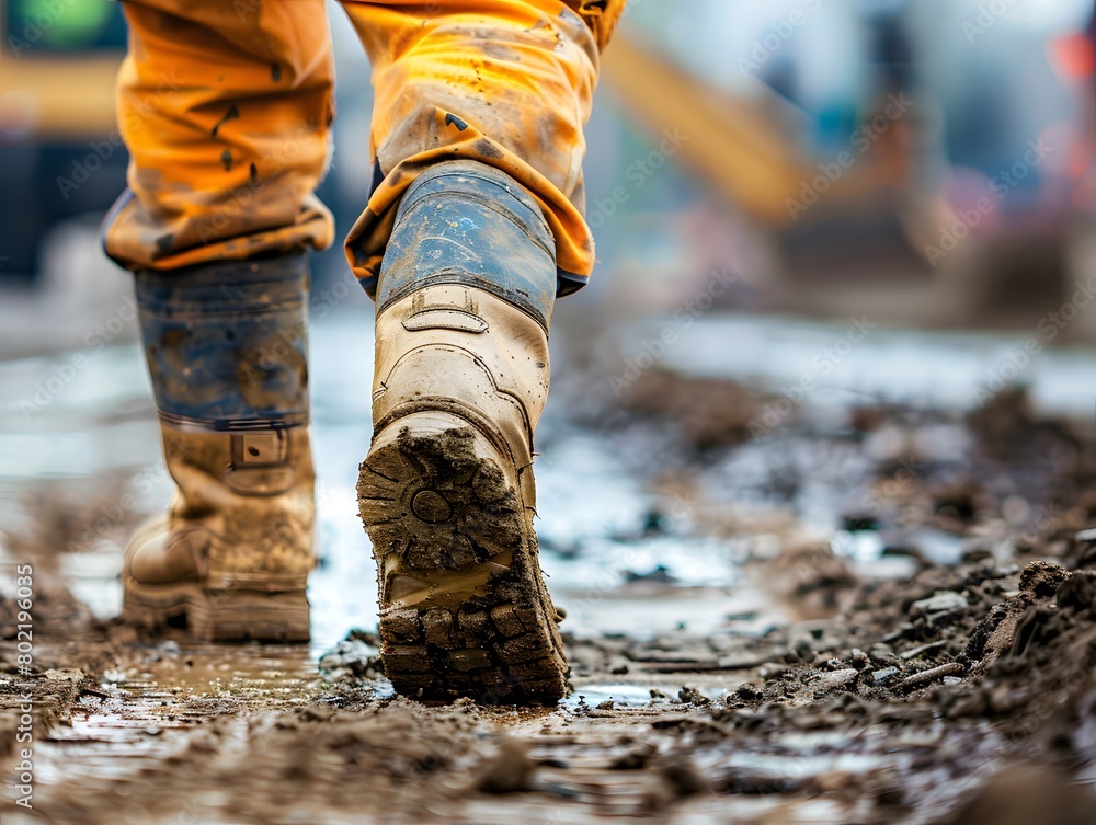 Close up of worker walking on construction area Close up of worker walking on construction area