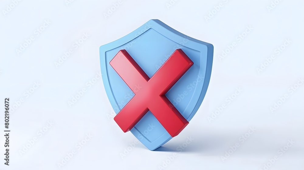 Fototapeta premium cartoon 3d Icon safety shield x mark perspective . Blue symbol security safety icon. Red X mark in minimalistic style. 3d vector illustration. white background