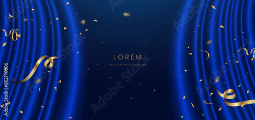 Blue curtain background. Golden confetti banner and ribbon on white background.