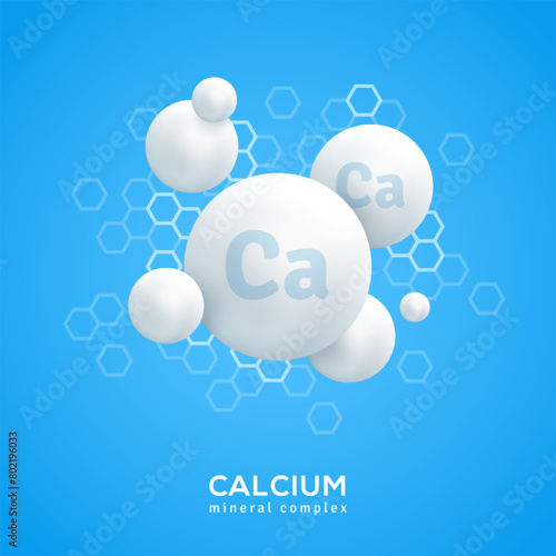 Mineral Ca white molecule. Calcium icon, pill capcule. Vitamin complex health formula . Pearl drop sign. Meds heathcare banner, cover or poster. Vector illustration. Medical food supplement concept