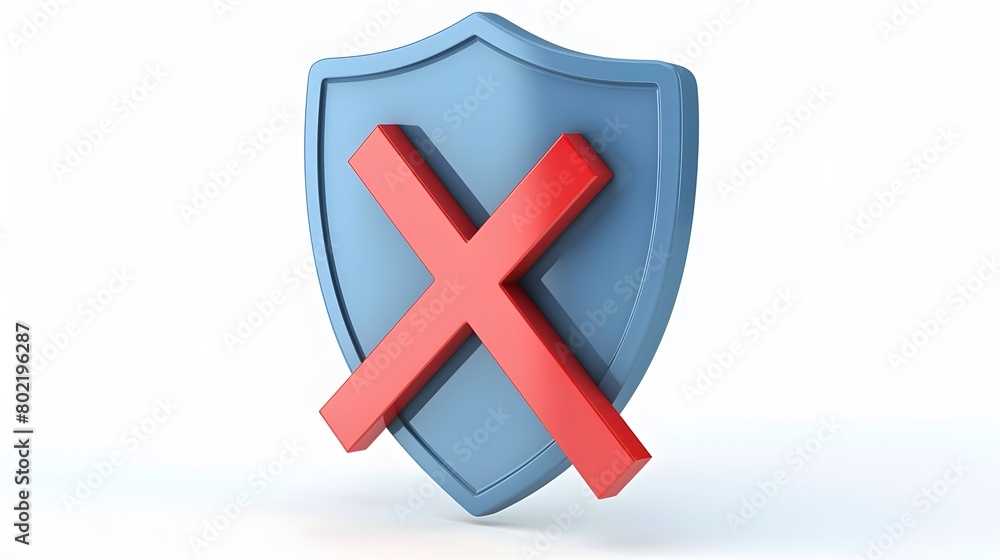 Obraz premium cartoon 3d Icon safety shield x mark perspective . Blue symbol security safety icon. Red X mark in minimalistic style. 3d vector illustration. white background