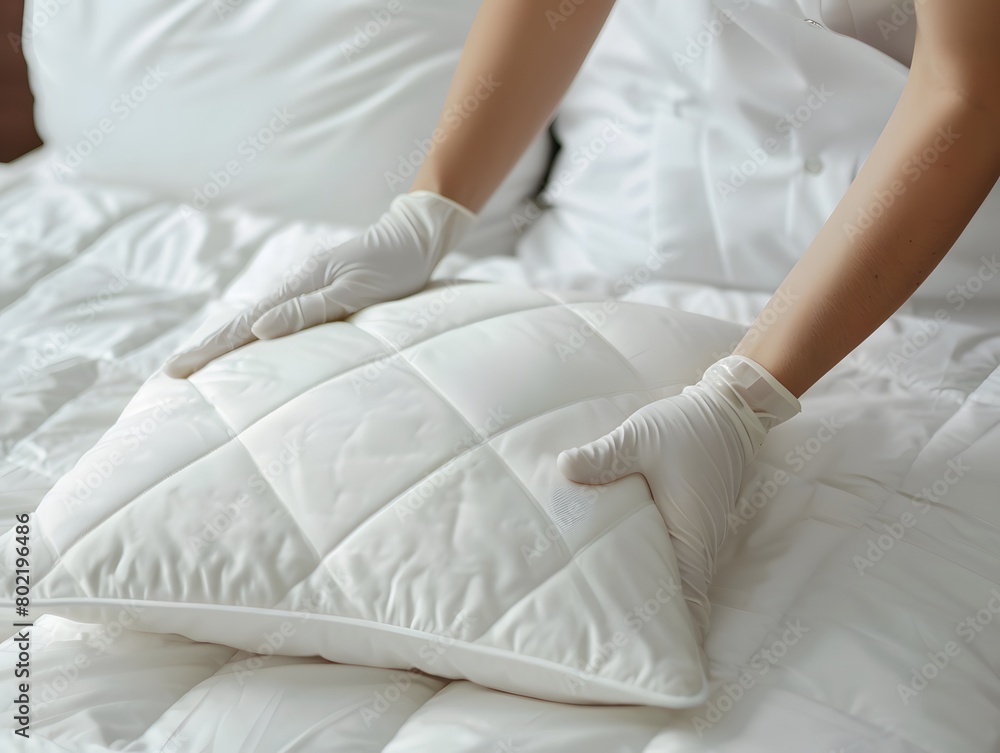 Maid puts pillow on bed close up Maid puts pillow on bed close up