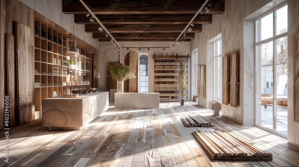 Interior design of shop for wood parquets and wood materials, in the center of room carpenter's counter