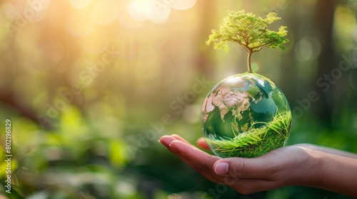 Global sustainable environment concept - ESG, net zero, eco, co2, carbon, human hand holding green globe orb with growing tree save our planet, world environment day, earth day and climate change