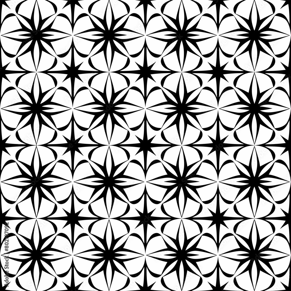 A seamless pattern of simple line art diamond and star shapes in simple lines on a black and white background A seamless pattern of simple line art diamond and star shapes in simple lines on a black and white background