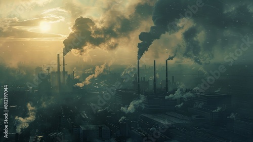 Greenhouse gas emissions. Pollution of factories. Dirty air over the city. Negative impact on human health photo