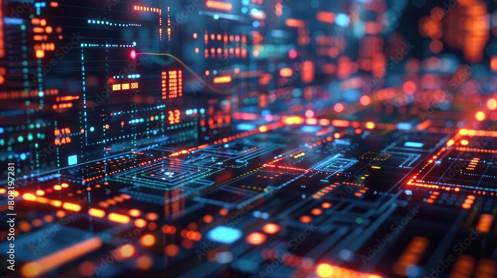 Obraz premium A high-tech background with glowing digital circuit patterns and data visualizations, representing advanced technology in the world of software development and computer engineering