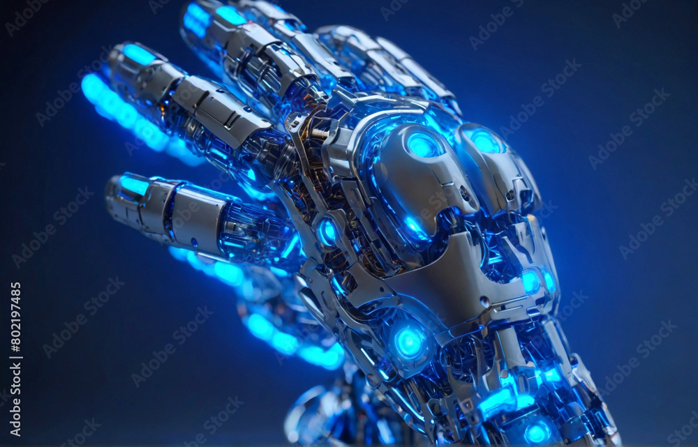 A sleek, metallic robot hand with intricate circuitry and glowing blue lights, ready to grasp any object with precision and strength.