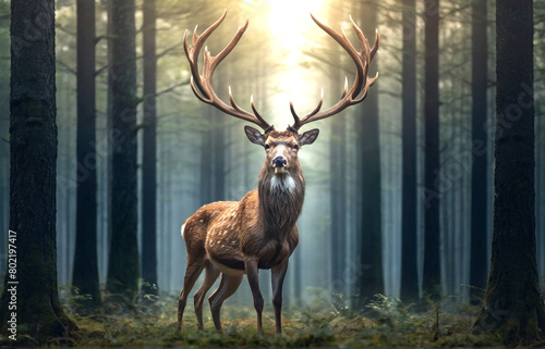 A majestic deer standing tall in a peaceful forest  its antlers reaching towards the sky.