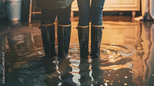 Two fictitious people are standing in a flooded room in their house with wellies and rain boots on after a heavy rain. Their Wellington boots are green as they assess the damage.  photo