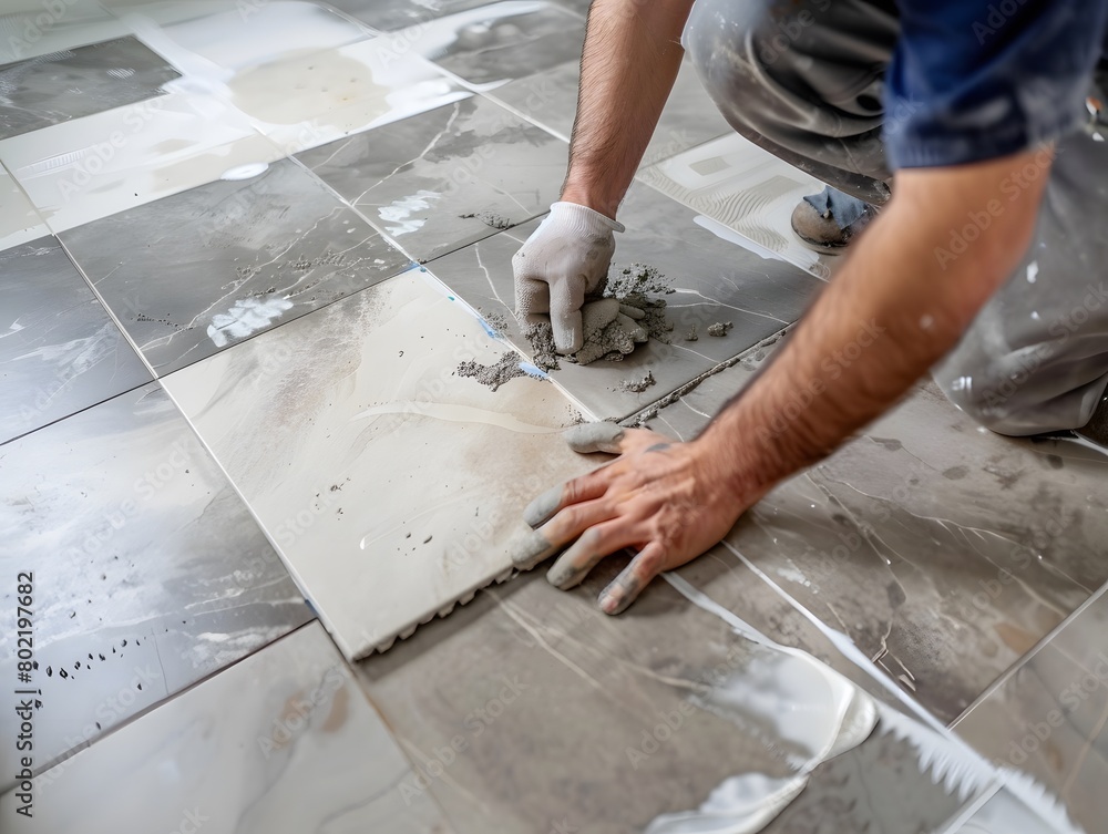 Tiler lays floor tiles