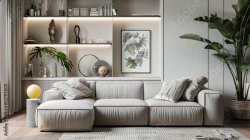 Elegant living room detail shot, modern boucle sofa paired with a sophisticated poster mock-up, shelves with decorative items and plants, refined style