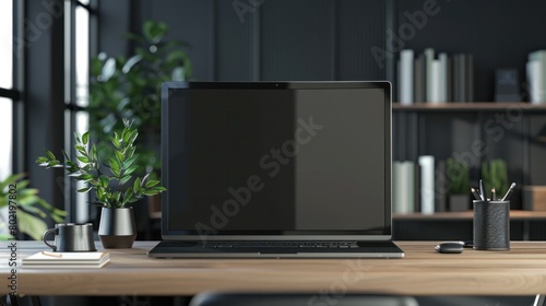 Laptop computer with empty black monitor on a desk in office (3D Rendering) © Farda