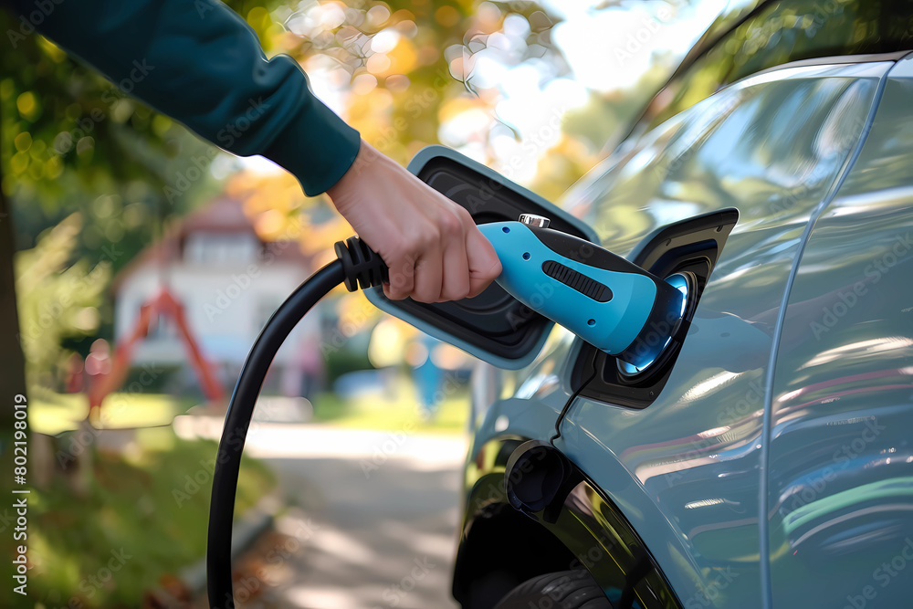 man plugging in cable while charging hybrid electric car, Power supply, green energy, Eco car concept man plugging in cable while charging hybrid electric car, Power supply, green energy, Eco car concept