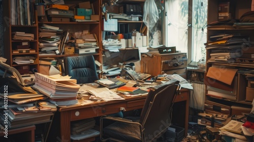 messy office workspace. Messy and cluttered office desk. Messy business office with piles of files and disorganized clutter. © Aytaj